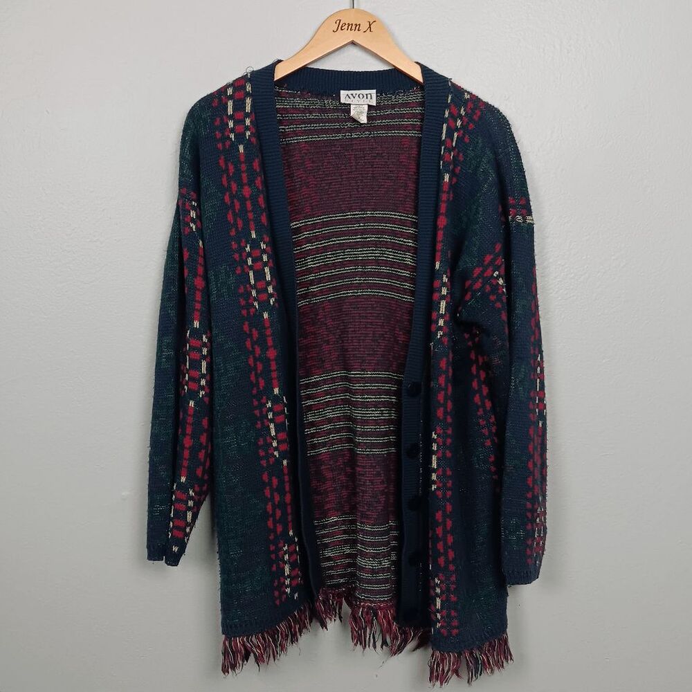 Avon Style Womens Vintage Cardigan Sweater Plus Size S/M Blue Red Blanket Woven